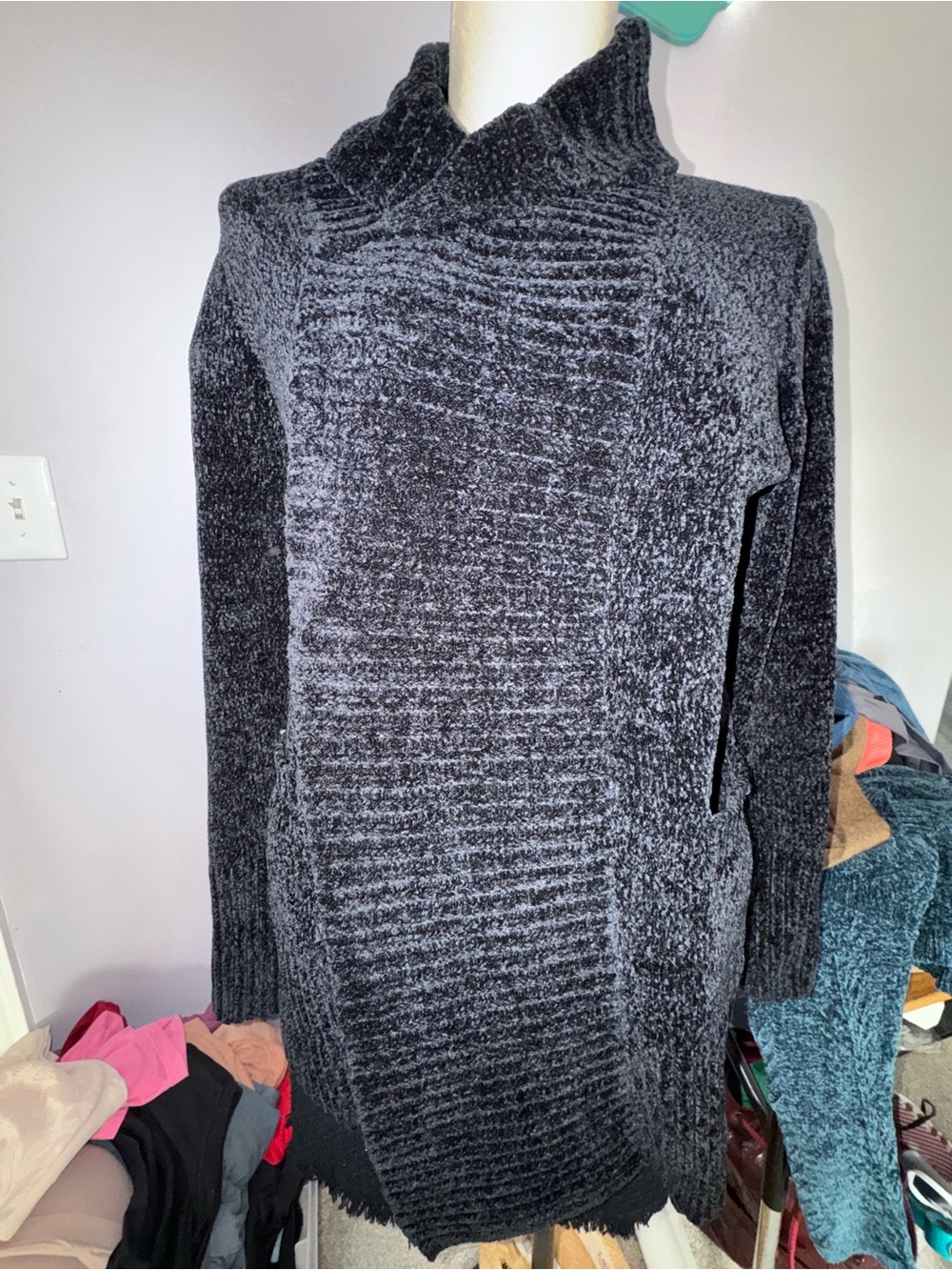 New Orvis Black Chenille Open Front Long Cardigan Sweater Women’s Small